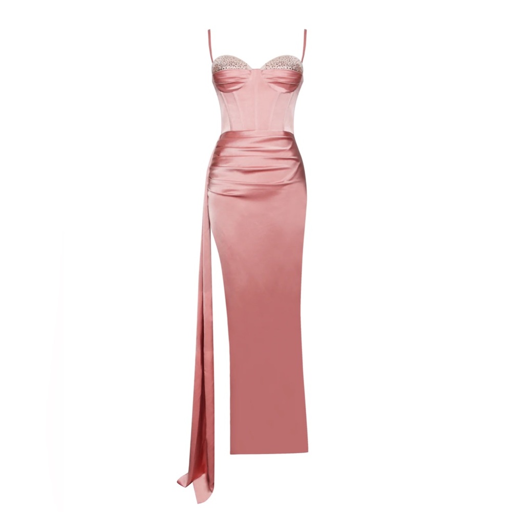 Blush Vanity High Slit Draping Dress With Crystals